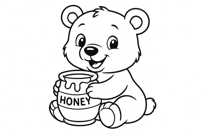 Puede incluir: Una ilustraci&oacute;n de dibujos animados en blanco y negro de un oso sosteniendo un tarro de miel que dice "Honey" en la parte delantera.
