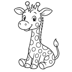 Puede incluir: Un dibujo en blanco y negro de una jirafa de dibujos animados sentada. La jirafa tiene un cuello largo, manchas y una cola.