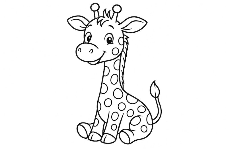 Puede incluir: Un dibujo en blanco y negro de una jirafa de dibujos animados sentada. La jirafa tiene un cuello largo, manchas y una cola.