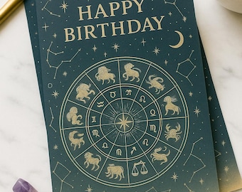 Zodiac Astrology Birthday Card: Celestial Design (PDF Download, A4/Letter/5x7in Sizes