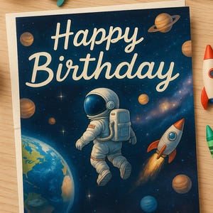 Carte d'anniversaire aventure spatiale pour garçons, thème fusée astronaute imprimable, carte de fête galaxie amusante, téléchargement immédiat horizontal recto-verso
