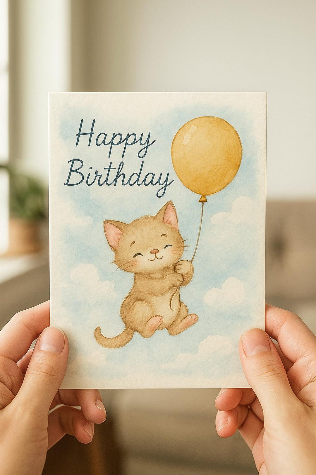 Watercolor Cat Birthday Card – Pastel Balloons Animal Greeting (digital ...
