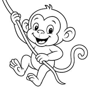 Puede incluir: Un dibujo en blanco y negro de un mono de dibujos animados balance&aacute;ndose en una liana. El mono tiene una gran sonrisa y mira hacia la derecha.