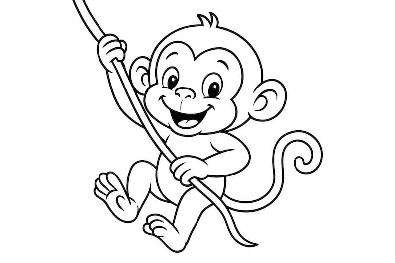 Puede incluir: Un dibujo en blanco y negro de un mono de dibujos animados balance&aacute;ndose en una liana. El mono tiene una gran sonrisa y mira hacia la derecha.