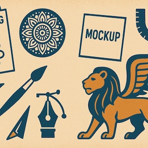Puede incluir: Una colecci&oacute;n de ilustraciones de estilo vintage que incluyen un libro para colorear, un mandala, un pincel, una pluma, una regla, un le&oacute;n alado y un marco de maqueta. Las ilustraciones est&aacute;n en tonos azules, naranjas y marrones sobre un fondo beige.