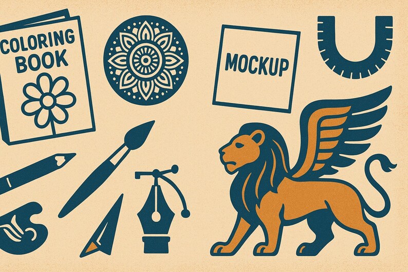 Puede incluir: Una colecci&oacute;n de ilustraciones de estilo vintage que incluyen un libro para colorear, un mandala, un pincel, una pluma, una regla, un le&oacute;n alado y un marco de maqueta. Las ilustraciones est&aacute;n en tonos azules, naranjas y marrones sobre un fondo beige.