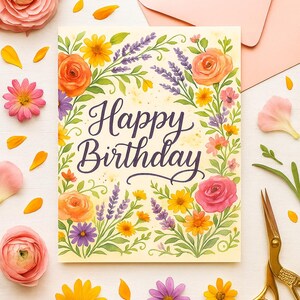 Tarjeta de cumpleaños bohemia con acuarela (PDF) – Postal floral de flores silvestres – Tarjeta de felicitación inspirada en la naturaleza – Descarga digital imprimible