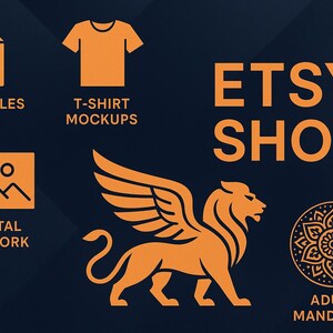Puede incluir: Logotipo de tienda Etsy con el texto "Etsy Shop" en letras naranjas sobre un fondo azul oscuro. El logotipo presenta cuatro iconos que representan diferentes categor&iacute;as de productos: imprimibles, maquetas de camisetas, ilustraciones digitales y mandalas para adultos.
