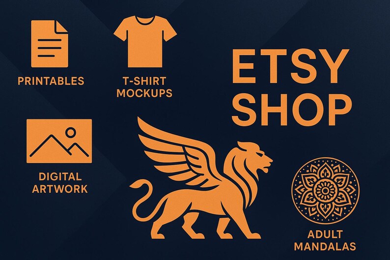 Puede incluir: Logotipo de tienda Etsy con el texto "Etsy Shop" en letras naranjas sobre un fondo azul oscuro. El logotipo presenta cuatro iconos que representan diferentes categor&iacute;as de productos: imprimibles, maquetas de camisetas, ilustraciones digitales y mandalas para adultos.