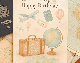 Tarjeta de cumpleaños Wanderlust: Tema de viaje, imprimible, tamaño A4, tamaño carta (5x7) (Descargar PDF)