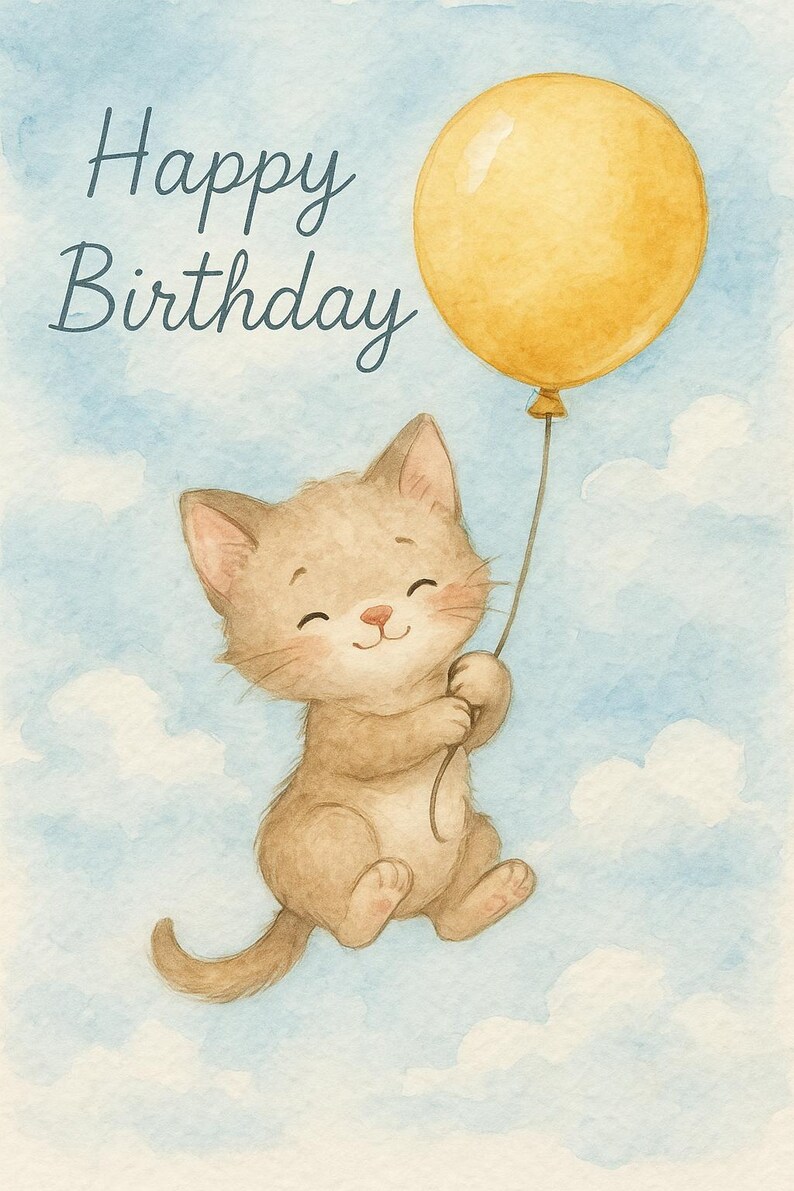 Watercolor Cat Birthday Card – Pastel Balloons Animal Greeting (digital ...
