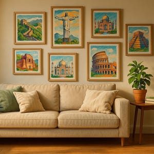 The Seven Wonders of the World, 7 Wonders of the World Retro Poster Set, Printable Wall Art, Vintage Travel Decor, Digital Download, Gift