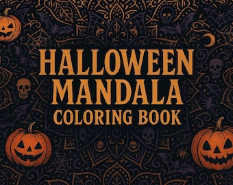 Może przedstawiać: Okładka książki do kolorowania Halloween Mandala z pomarańczowym tekstem i ilustracjami na ciemnym tle. Tekst brzmi "Halloween Mandala Coloring Book". Projekt zawiera dynie, czaszki, nietoperze i pajęczyny.