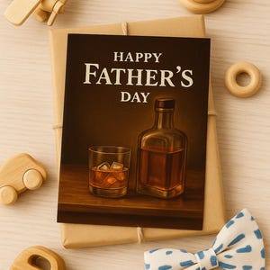 Klassische Vatertagskarte – Whiskyflaschen-Grußkarte – Elegant maskulin zum Ausdrucken für Papa – Alles Gute zum Vatertag Digitaler Download