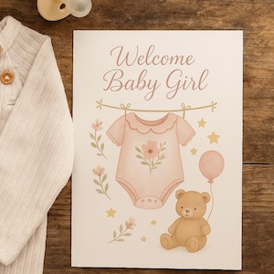 Baby Shower Girl Card: Pink Floral Printable (A4, US Letter, 5x7) (Digital Download)