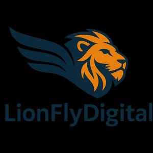 Puede incluir: Un logotipo con una cabeza de le&oacute;n alada azul de perfil, el le&oacute;n es naranja, el texto "LionFlyDigital" est&aacute; debajo del le&oacute;n en azul.