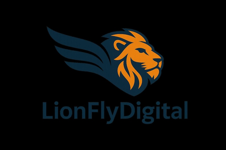 Puede incluir: Un logotipo con una cabeza de le&oacute;n alada azul de perfil, el le&oacute;n es naranja, el texto "LionFlyDigital" est&aacute; debajo del le&oacute;n en azul.