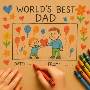 Tarjeta imprimible del Día del Padre para niños: Plantilla del mejor papá del mundo: Dibujo y mensaje para regalar a un niño (A4, tamaño carta, PDF)