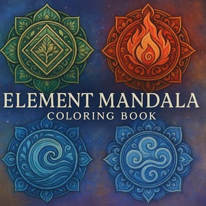 Element Mandala målarbok: Jord, Eld, Vatten, Luft (PDF digital nedladdning)