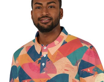 90s Geometric Golf Polo Shirt, Colorful Abstract Design