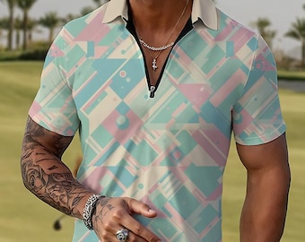 80s Geometric Golf Polo Shirt: Vintage Style, Pastel Design