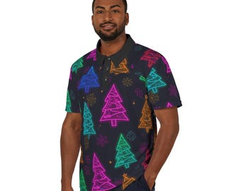 Neon 80s Christmas Golf Polo Shirt – Retro Holiday XMAS Trees Print