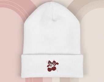 Gorro de punto retro con puños y bordado de cerezas
