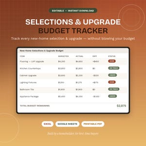 May include: A digital budget tracker spreadsheet titled Selections & Upgrade Budget. The table lists items like flooring, countertops, and appliances with columns for budgeted, actual, difference, and status. Includes Excel, Google Sheets, and PDF labels.