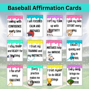 May include: Baseball Affirmation Cards with positive messages like "I swing with confidence" and "I am focused." Each card has a colorful design with baseball-themed illustrations. The cards are designed to encourage a positive mindset for baseball players.