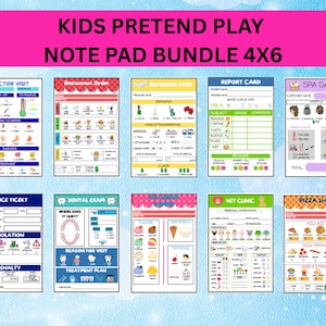 May include: A collection of colorful 4x6 inch pretend play notepads. The set includes pads for doctor visits, restaurant orders, boarding passes, report cards, spa days, police tickets, dental exams, ice cream shop, vet clinic, and pizza shop.
