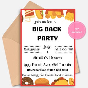 Big Back Party Invitation, Editable Backyard BBQ Invite, Food Party Template, Summer Cookout Invite, Potluck Party Template
