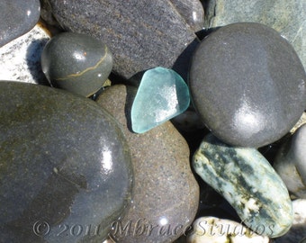 Beach Rocks with Sea glass - 8x10 Fine Art Photo of the oceans smooth gray rocks and turquoise sea-glass (Can display Portrait or Landscape)