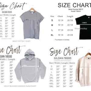 Pu&ograve; includere: Tabelle delle taglie per t-shirt e felpe Gildan e Bella Canvas. Include misure in pollici per larghezza, lunghezza, petto e manica. Per Gildan 5000, 18500, 18000 e Bella Canvas 3001Y.