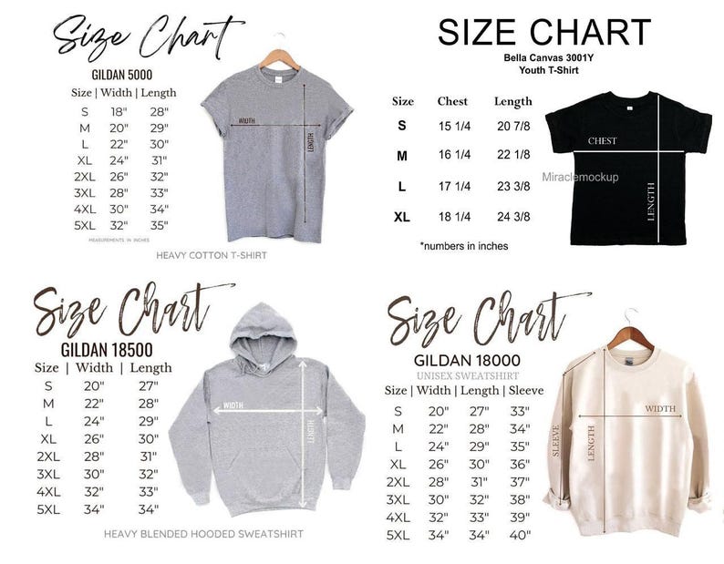 Pu&ograve; includere: Tabelle delle taglie per t-shirt e felpe Gildan e Bella Canvas. Include misure in pollici per larghezza, lunghezza, petto e manica. Per Gildan 5000, 18500, 18000 e Bella Canvas 3001Y.