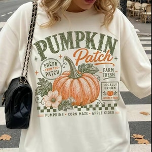 Camiseta Vintage Pumpkin Patch Comfort Colors, Camiseta Sublimada Moderna de Outono, Camiseta de Abóbora Fresca da Fazenda de Outono, Camiseta Retrô de Outono