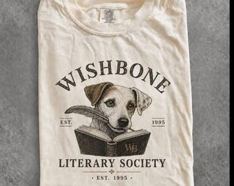 Maglietta Wishbone Dog Comfort Colors, maglietta Vintage Literary Society, maglietta per amanti dei libri, maglietta nostalgia anni '90, regalo per insegnanti