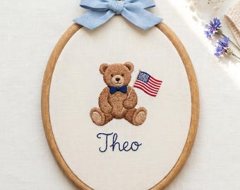 Embroidered Teddy Bear Name Hoop, Americana Nursery Decor, Patriotic Wall Art