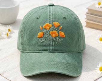 Bestickte California Poppy Mütze, Naturliebhaber Dad Mütze