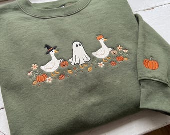 Embroidered Goose Ghost Halloween Sweatshirt, Spooky Fall Crewneck, Pumpkin Wildflower Sweater