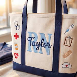 Pode incluir: Bolsa tote de lona creme com detalhes em azul marinho. Apresenta s&iacute;mbolos m&eacute;dicos bordados e as letras "RN" em azul claro, com o nome "Taylor" abaixo. Inclui um estetosc&oacute;pio, uma cruz, um frasco de comprimidos e um s&iacute;mbolo de frequ&ecirc;ncia card&iacute;aca.