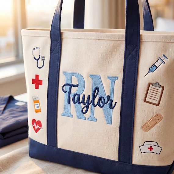 Custom Embroidered Nurse Tote Bag, Personalized RN LPN Canvas Gift