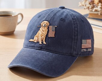 Golden Retriever USA Embroidered Hat, Patriotic Dog Baseball Cap, American Flag Dog Lover Gift, 4th of July Cap, Dog Mom Hat