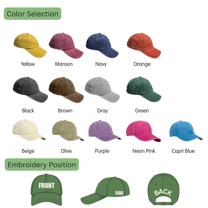 K&ouml;nnte beinhalten: Eine Auswahl an Baseballkappen in verschiedenen Farben, darunter Gelb, Weinrot, Marineblau und Orange. Das Bild zeigt auch die Stickpositionen: vorne, Seite und hinten.