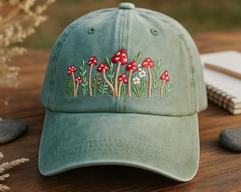 Embroidered Mushroom Meadow Hat: Sage Green Cottagecore Cap