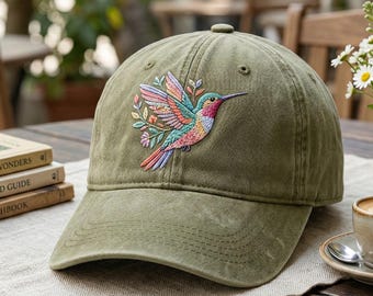 Embroidered Floral Hummingbird Hat, Animal Lover Spring Bird Cap