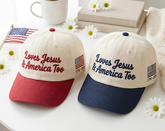 Loves Jesus and America Too Hat, Christian Patriotic Dad Cap, Country Music Festival Apparel, 4th of July Christian Mom Gift, Two Tone Cap