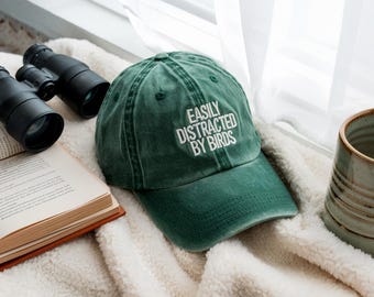 Easily Distracted by Birds Hat, Embroidered Green Dad Cap for Bird Watchers, Funny Nature Lover Gift, Washed Cotton Outdoor Hat
