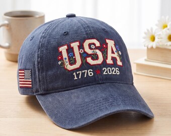 USA Embroidered Floral Hat 1776 2026, Patriotic Baseball Cap, 4th of July Gift, American Flag Dad Hat, Independence Day Cap