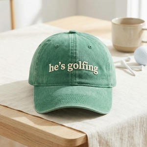 Embroidered He's Golfing Cotton Baseball Cap, Minimalist Dad Hat