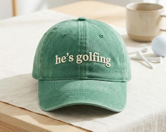 Embroidered He's Golfing Cotton Baseball Cap, Minimalist Dad Hat